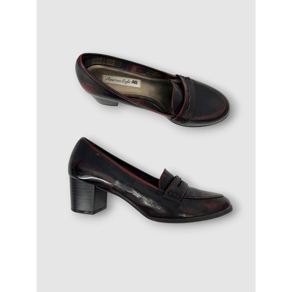 Y2k American Eagle Penny Loafer Block Heel Black Oxblood Size 8